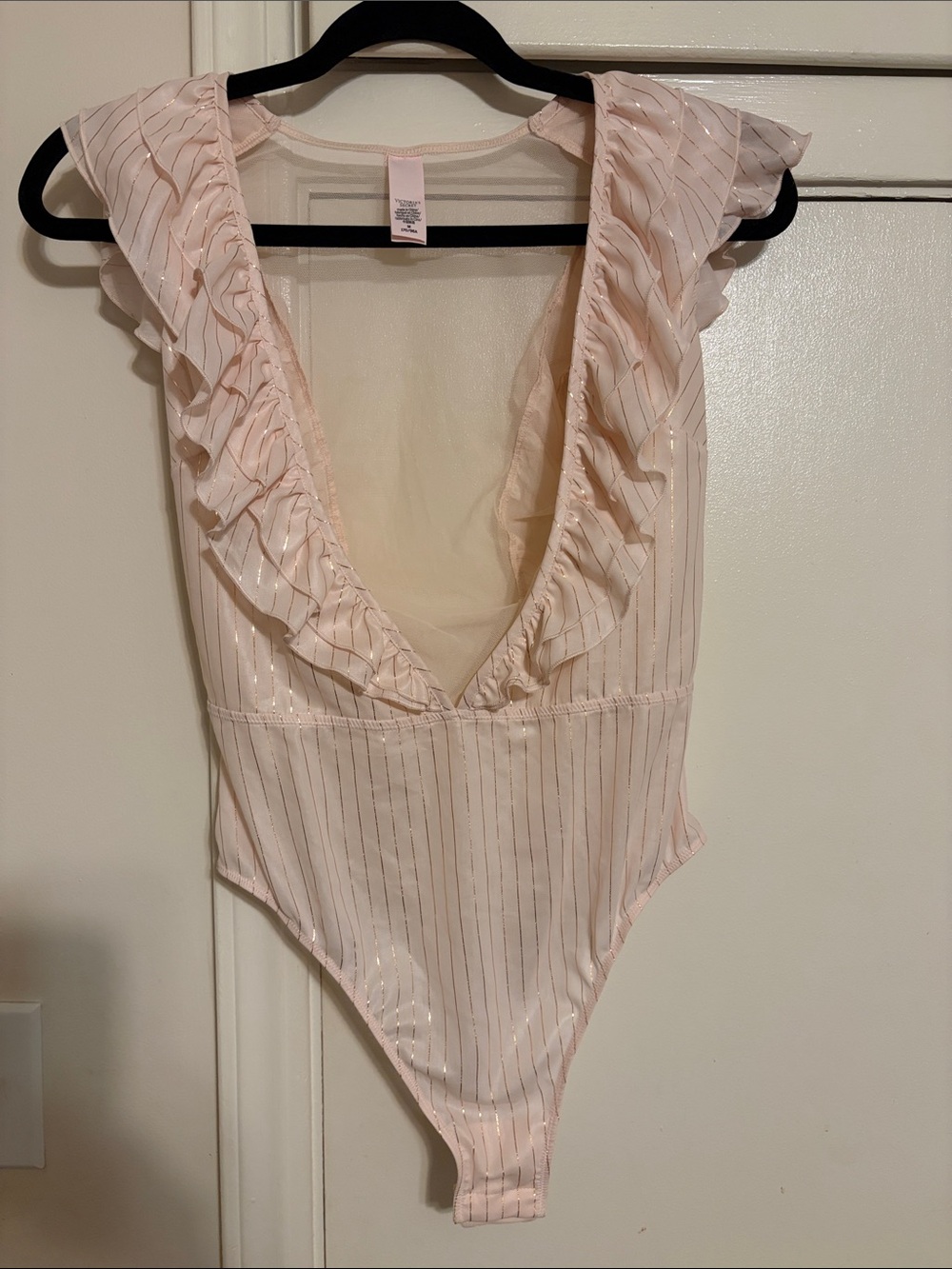 Victoria Secret Ruffled V-Neck Pink Shimmer Bodysuit NWOT